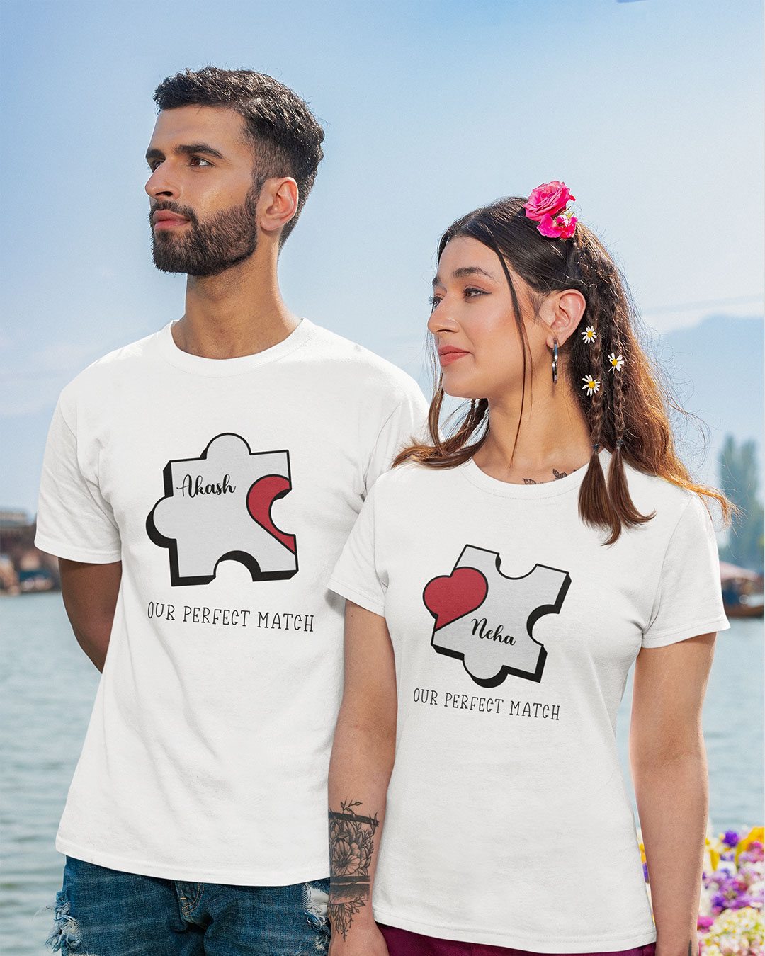 Personalized couple T-shirt with puzzle graphic