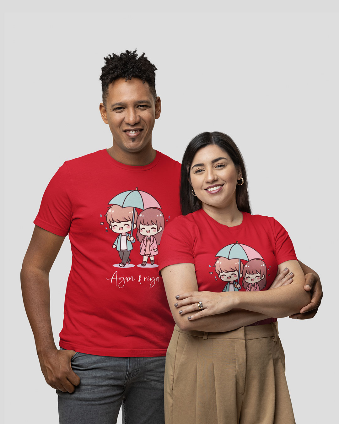 Personalized cute chibi couple under umbrella T-shirt for valentines day