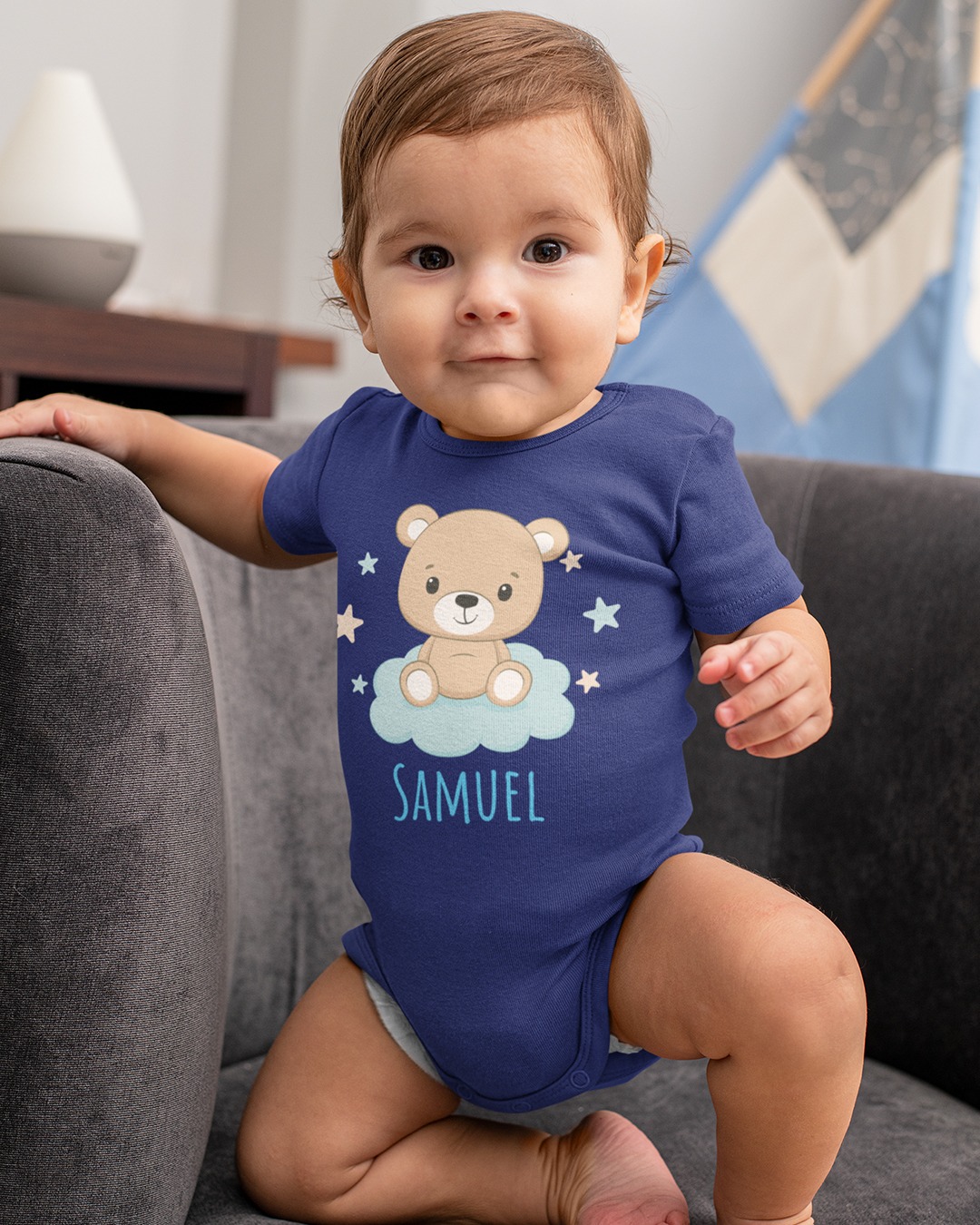 Personalized Baby Romper with Teddy Bear Graphic